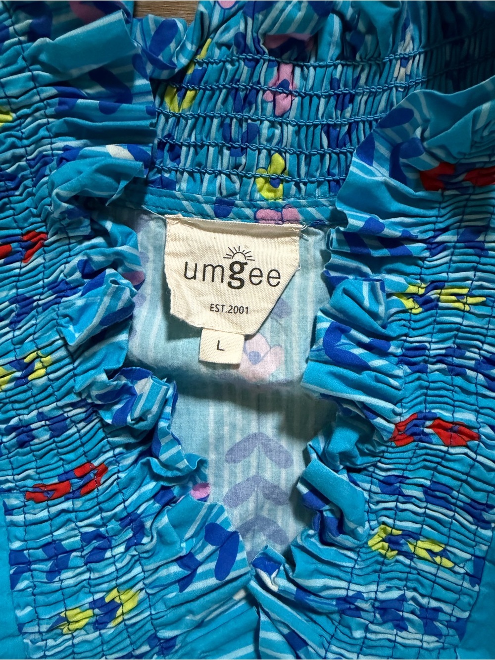 UMGEE Blue Mix Puff Sleeve Smocked Ruffle Neck Midi Dress EUC - Picture 5 of 6